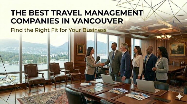 A corporate travel agent closing a new client in a boardroom overlooking the north shore mountains in Vancouver