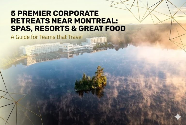 Corporate Retreat location near Montreal overlooking lake with misty water.