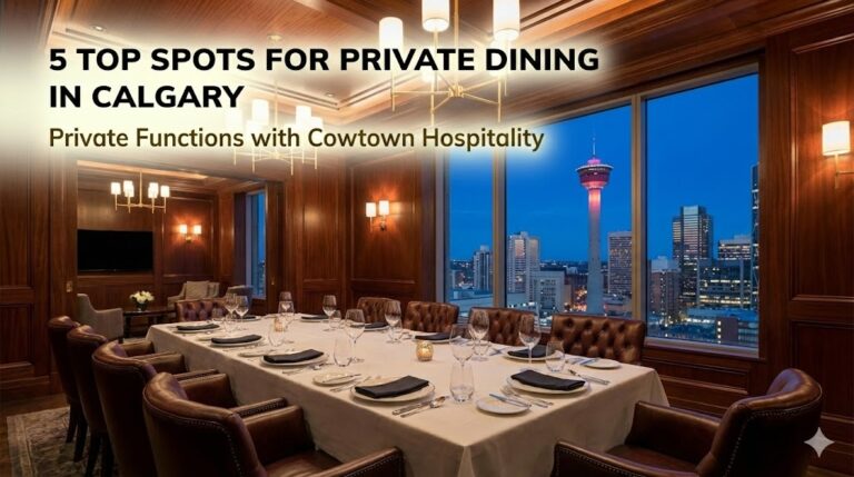 sophisticated private dining room in Calgary featuring warm lighting and leather seating.