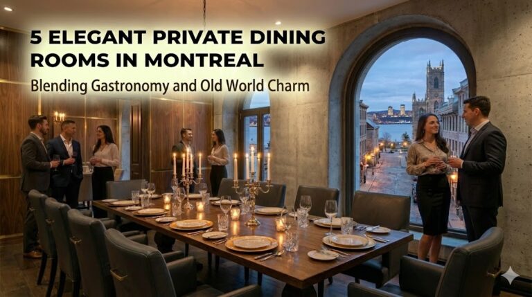Elegant private dining room in Old Montreal with stone walls and candlelight.