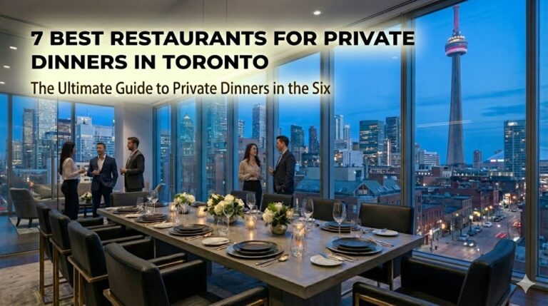 Modern restaurant for private corporate dinners in Toronto with CN Tower view.