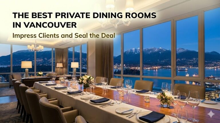 A luxury private dining room in Vancouver with a view of the city skyline and harbour at night.