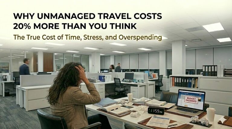 Stressed administrator working late instead of hiring a corporate travel agency