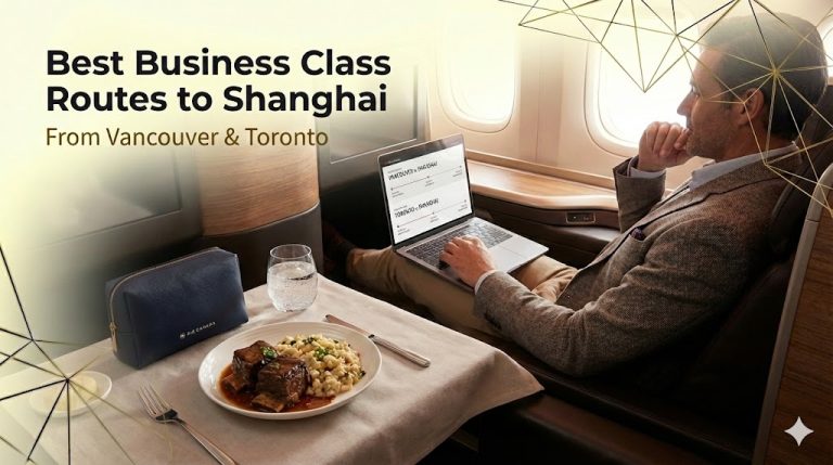 A premium, wide-angle editorial shot looking into a spacious, lie-flat business class pod. The focus is on the environment of "elevated productivity"—a professional executive is seated comfortably, with a laptop open on a large, wood-grain console showing a flight map of the Trans-Pacific route. Next to the laptop sits a pair of high-end noise-cancelling headphones and a refined glass of chilled water.