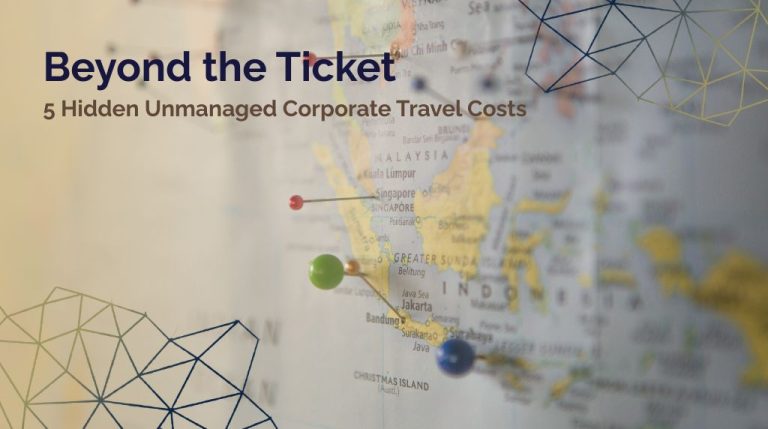 A map with destination pins on it and text overlay Beyond the Ticket: 5 Hidden Unmanaged Corporate Travel Costs