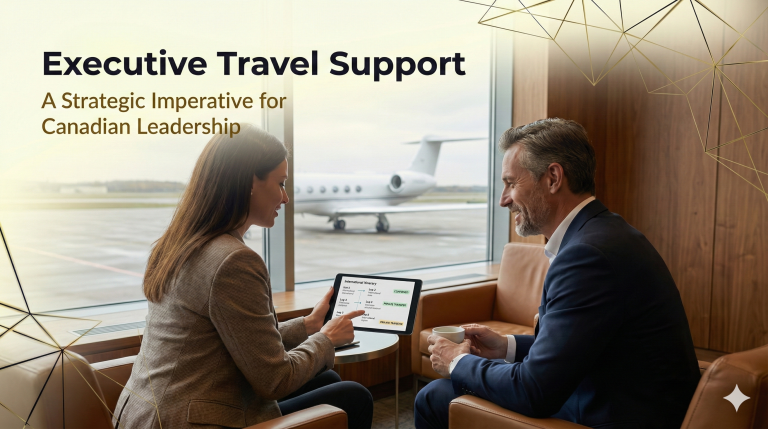 A Strategic Imperative for Canadian Leadership Scene: A sophisticated, over-the-shoulder editorial shot within a private airport lounge or a high-end corporate office. A dedicated travel advisor is seated next to a C-suite executive, both looking at a tablet displaying a complex, multi-leg international itinerary that has been clearly simplified and organized.