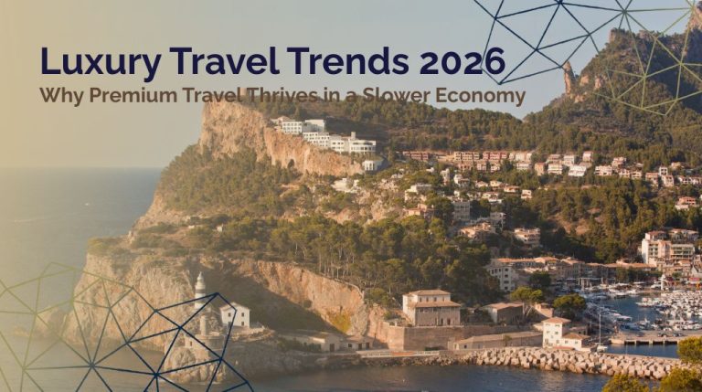 Jumeirah Mallorca photo of the coastline with blog title : Why Premium Travel Thrives in a Slower Economy overlaid