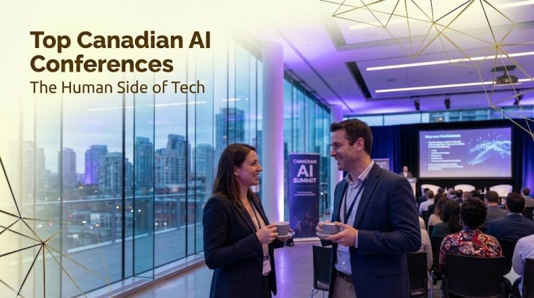 A candid shot of two professionals networking at a high-end conference venue (floor-to-ceiling glass, soft purple/blue ambient lighting). They are engaged in deep conversation, holding coffee cups, with a blurred presentation stage in the background.
